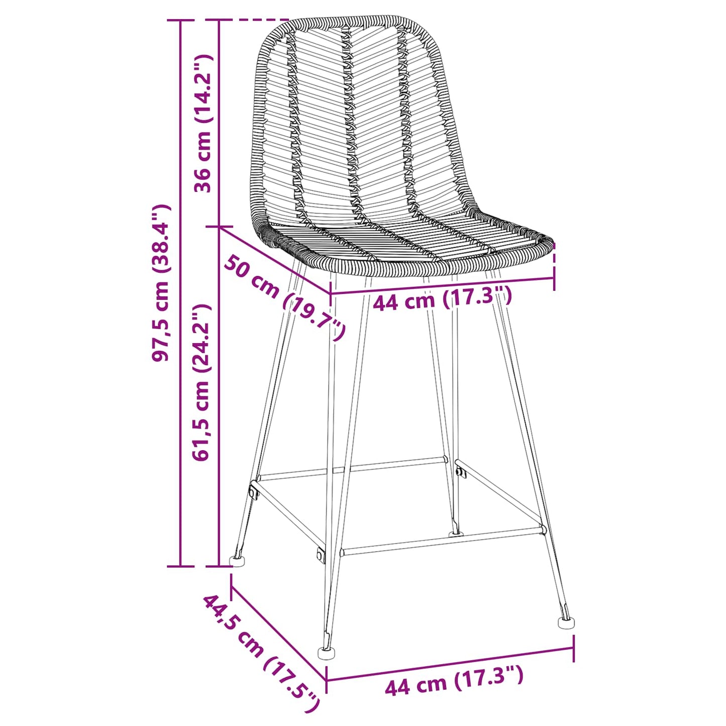 Bar Chair 2 pcs Natural 44.5 x 54.5 x 97.5 cm Rattan and Iron
