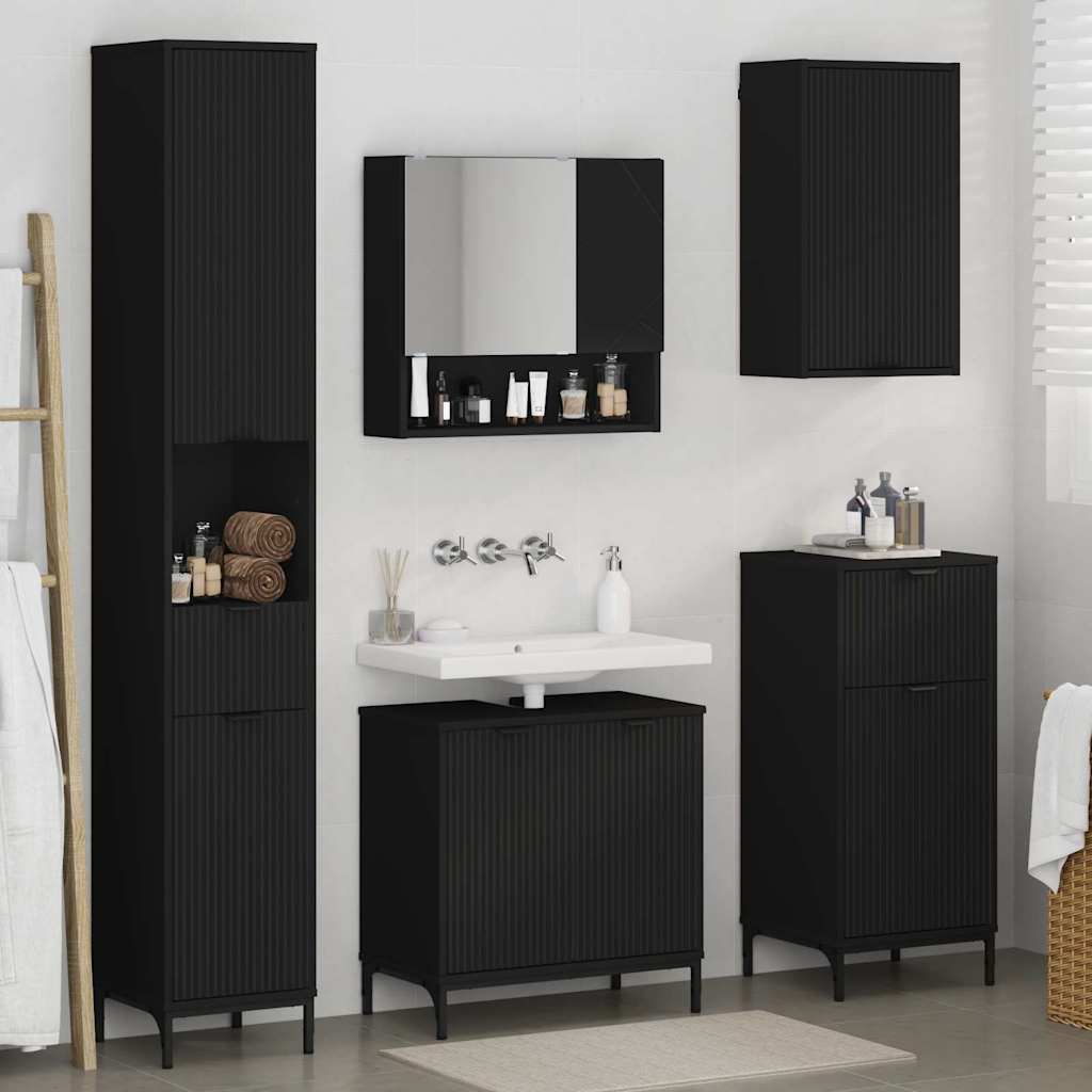 Bathroom Furniture Set with Drawer Black Engineered wood, Metal
