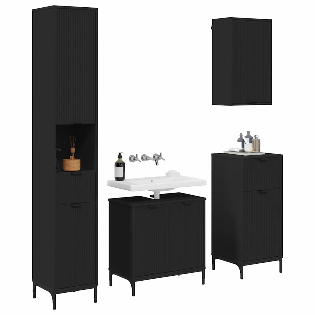 Bathroom Furniture Set with Drawer Black Engineered wood, Metal