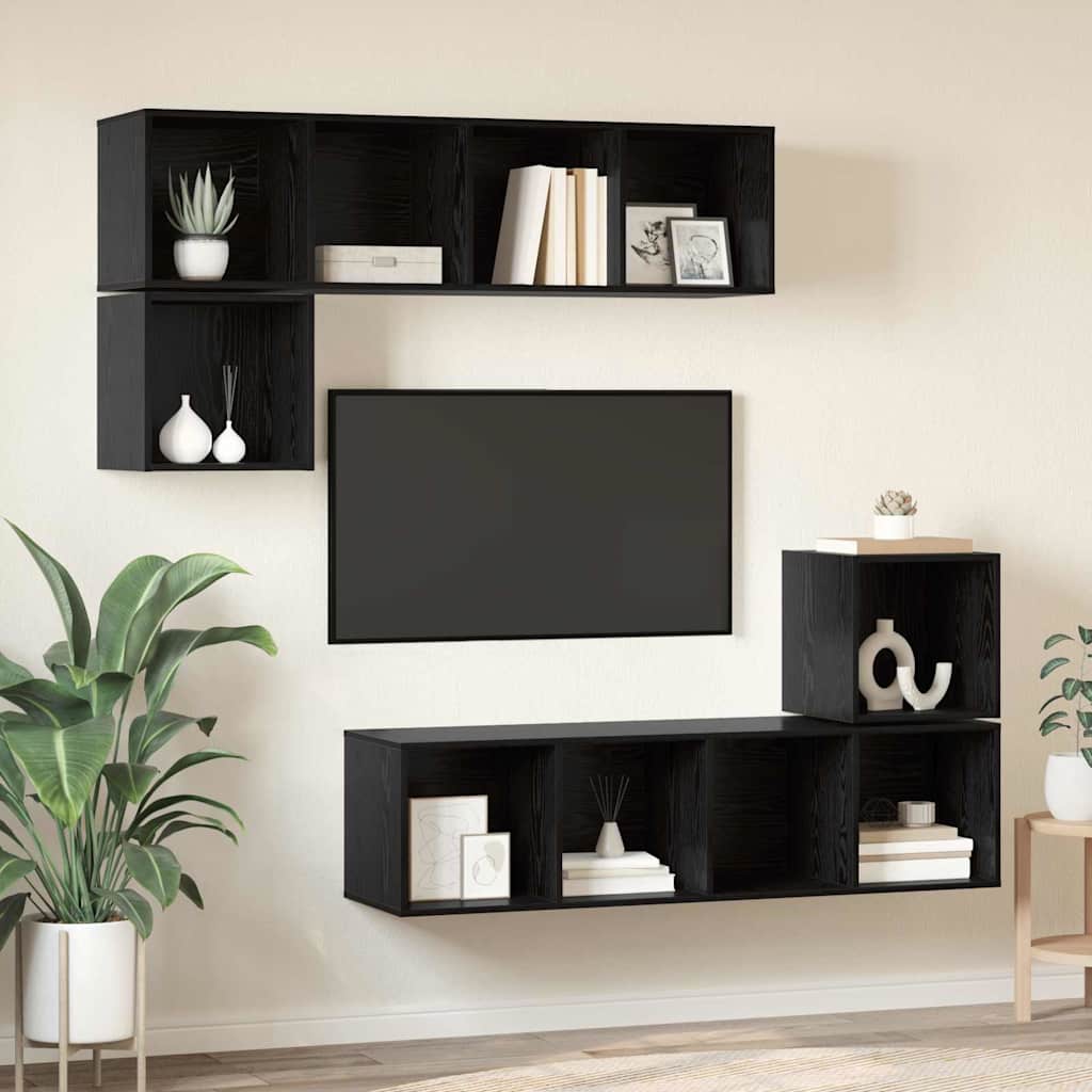 TV Cabinet Set Wall-mounted 4 pcs Black Oak Engineered Wood