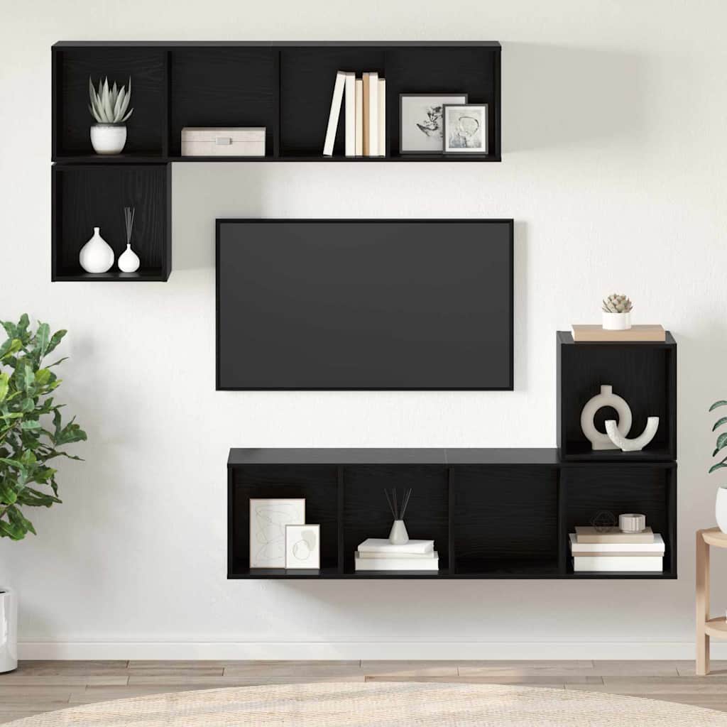 TV Cabinet Set Wall-mounted 4 pcs Black Oak Engineered Wood
