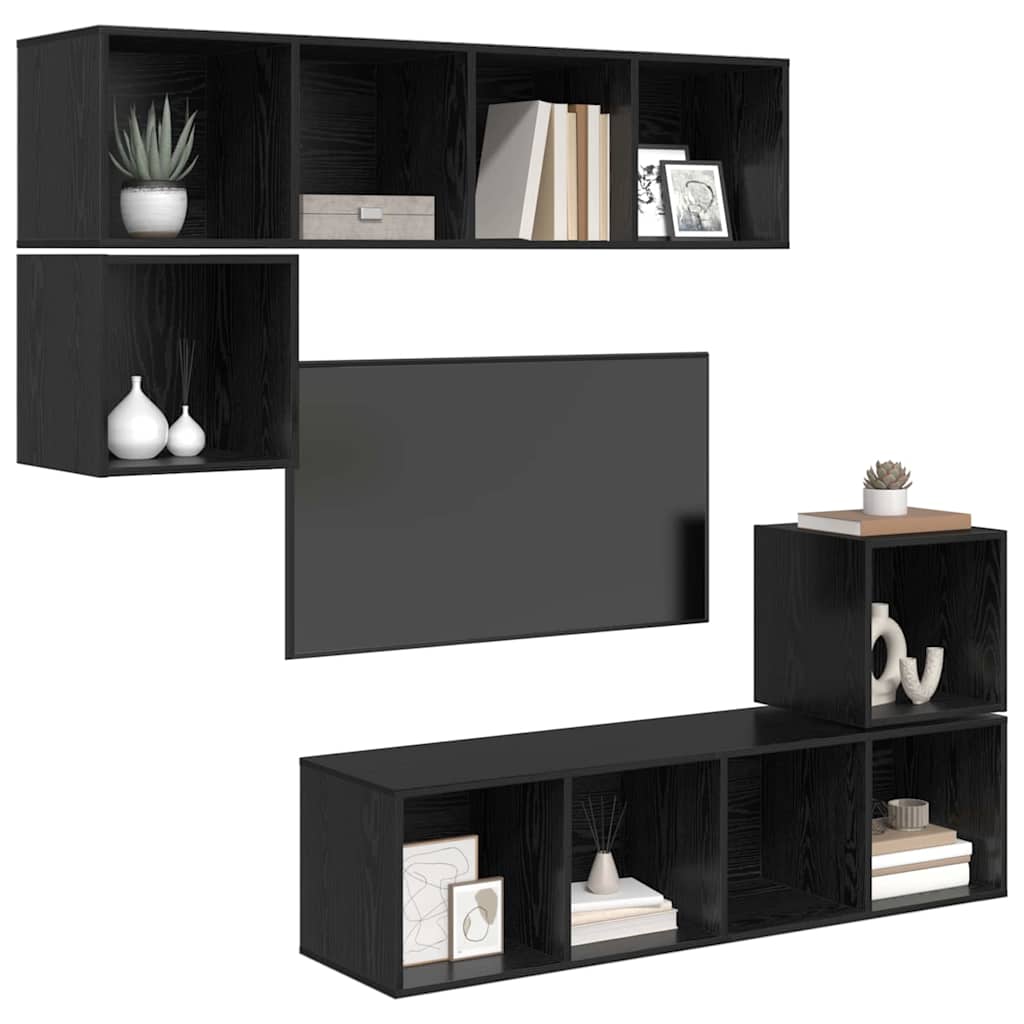 TV Cabinet Set Wall-mounted 4 pcs Black Oak Engineered Wood