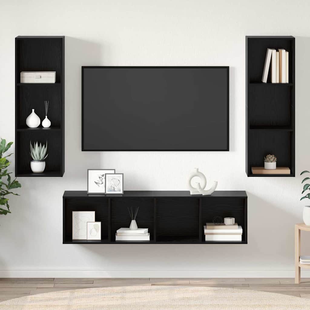 TV Cabinet Set Wall-mounted 3 pcs Black Oak Engineered Wood