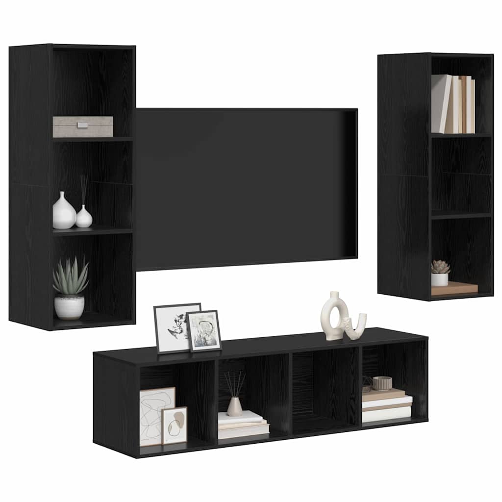 TV Cabinet Set Wall-mounted 3 pcs Black Oak Engineered Wood