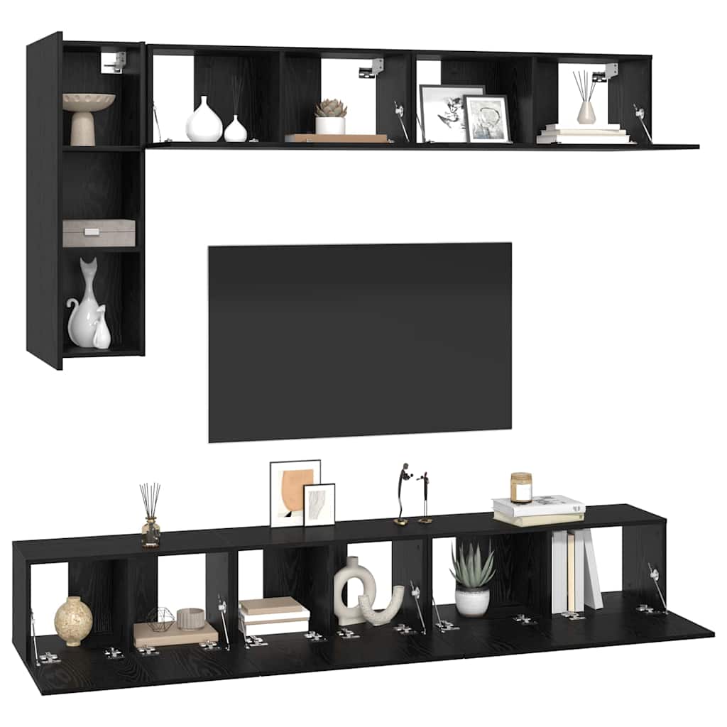 TV Cabinet Set Wall-mounted 6 pcs Black oak Engineered Wood