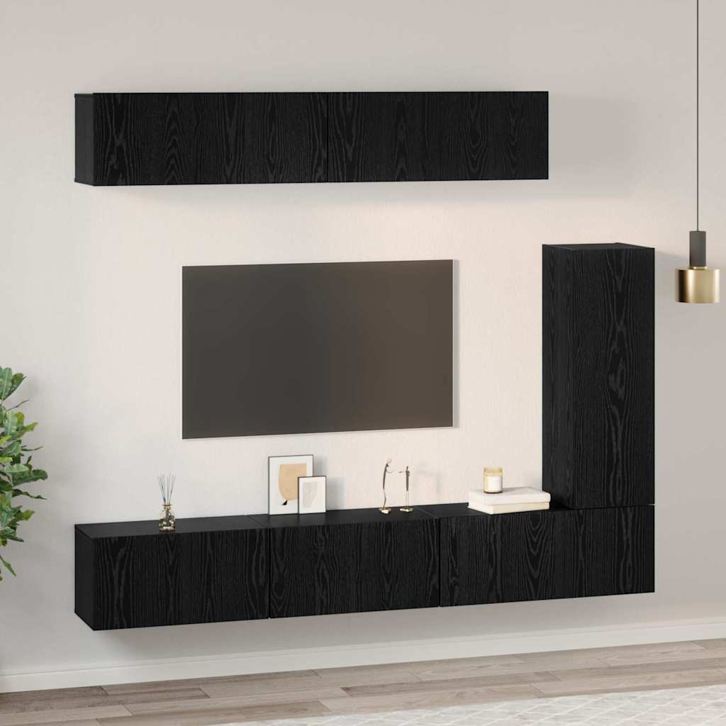 TV Cabinet Set Wall-mounted 6 pcs Black oak Engineered Wood