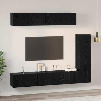 TV Cabinet Set Wall-mounted 6 pcs Black oak Engineered Wood