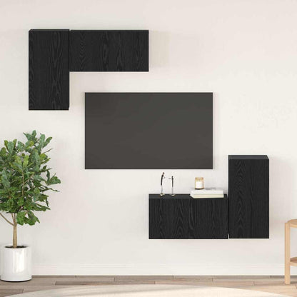 TV Cabinet Set Wall-mounted 4 pcs Black Oak Engineered Wood