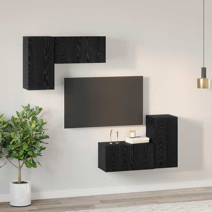 TV Cabinet Set Wall-mounted 4 pcs Black Oak Engineered Wood