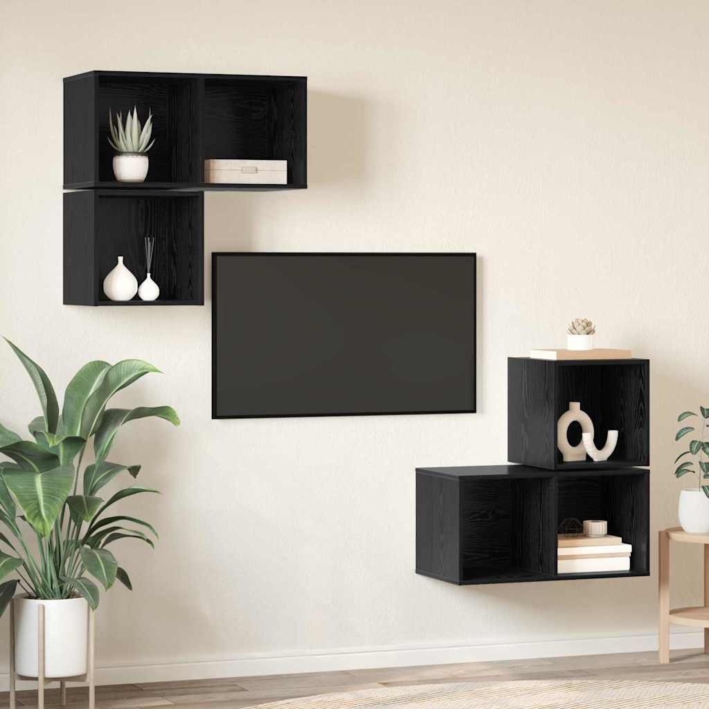 TV Cabinet Set Wall-mounted 4 pcs Black Oak Engineered Wood