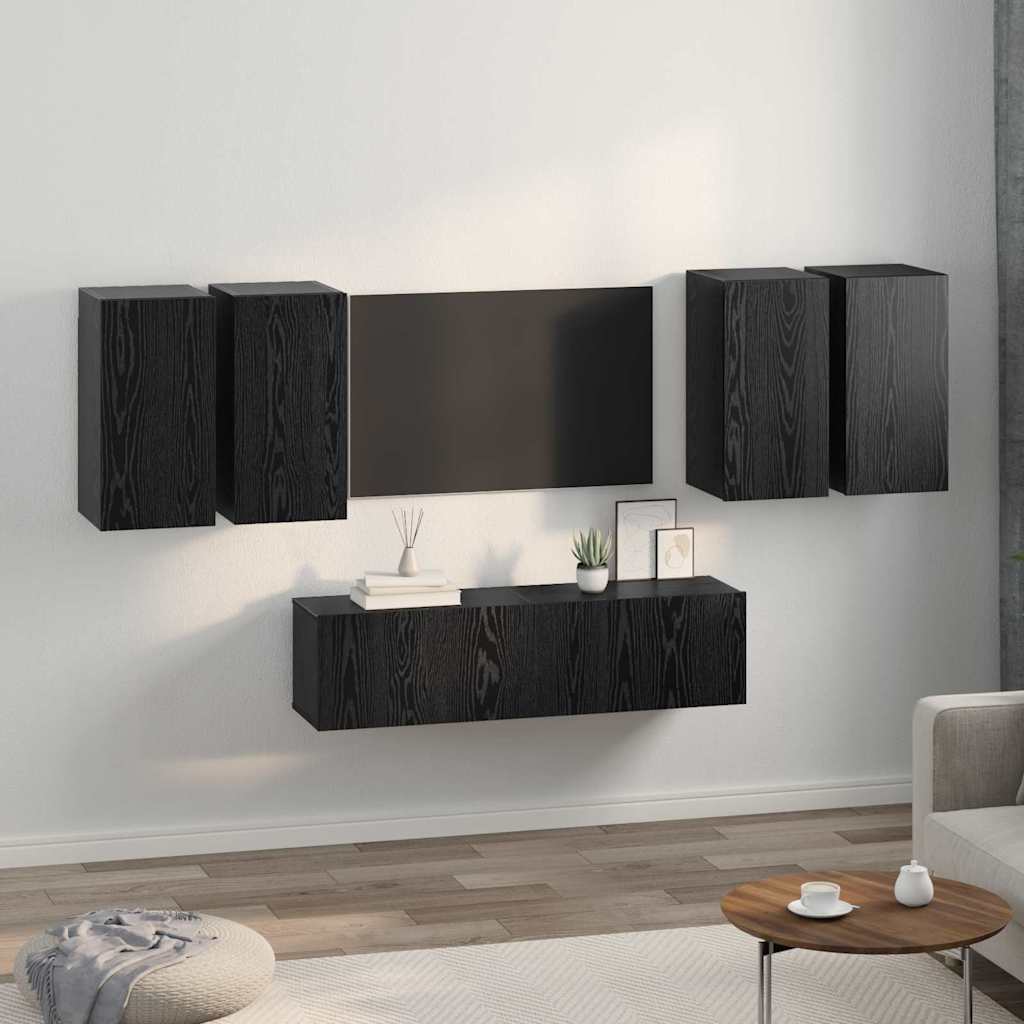 TV Cabinet Set Wall-mounted 6 pcs Black Oak Engineered Wood