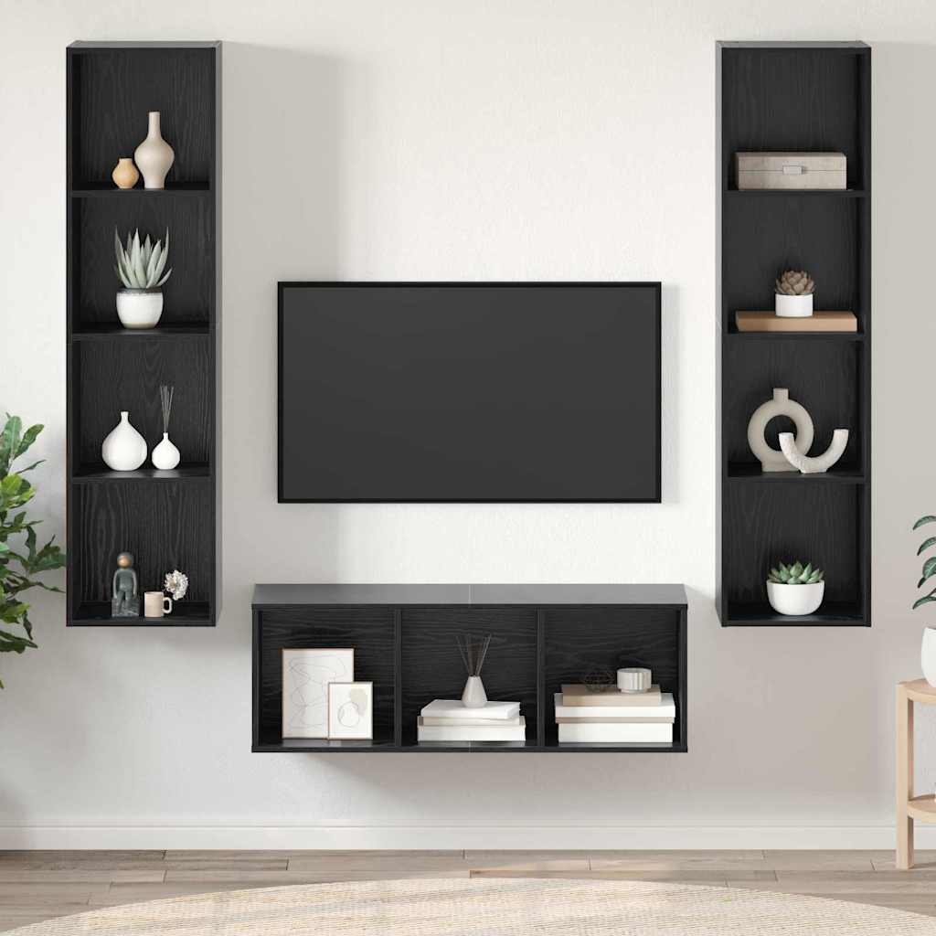 TV Cabinet Set Wall-mounted 3 pcs Black Oak Engineered Wood