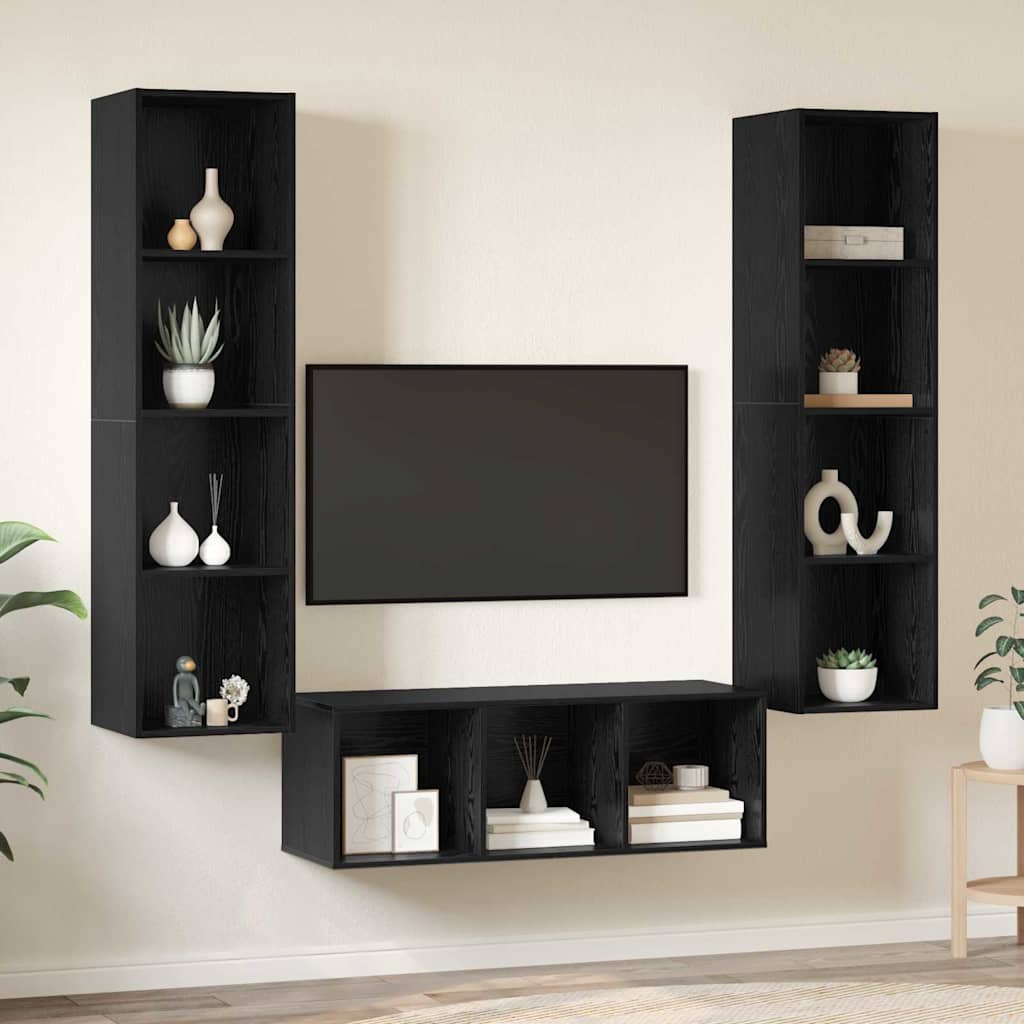 TV Cabinet Set Wall-mounted 3 pcs Black Oak Engineered Wood