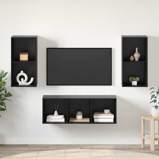 TV Cabinet Set Wall-mounted 3 pcs Black Oak Engineered Wood