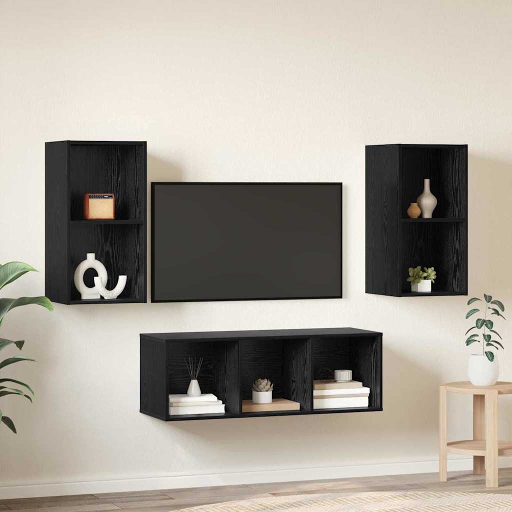 TV Cabinet Set Wall-mounted 3 pcs Black Oak Engineered Wood