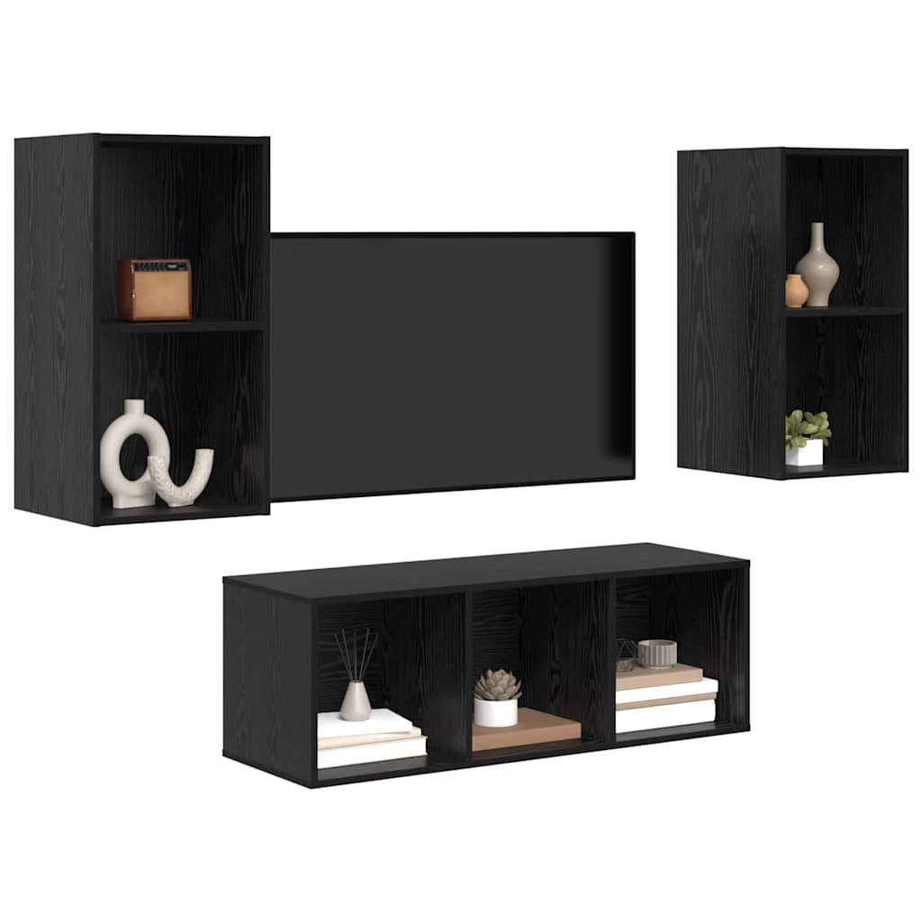 TV Cabinet Set Wall-mounted 3 pcs Black Oak Engineered Wood