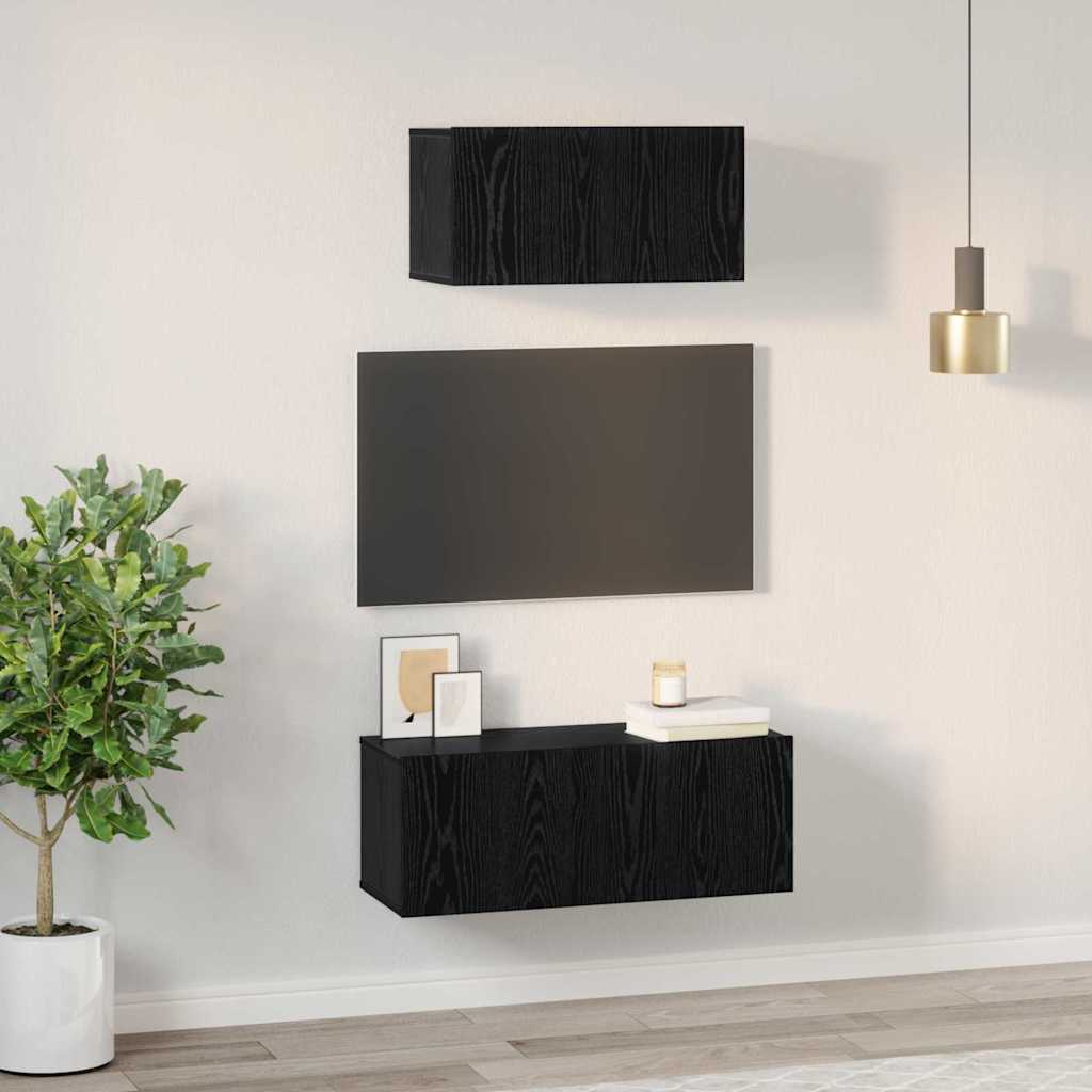 TV Cabinet Set Wall-mounted 2 pcs Black oak Engineered wood