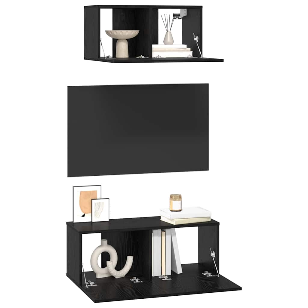 TV Cabinet Set Wall-mounted 2 pcs Black oak Engineered wood