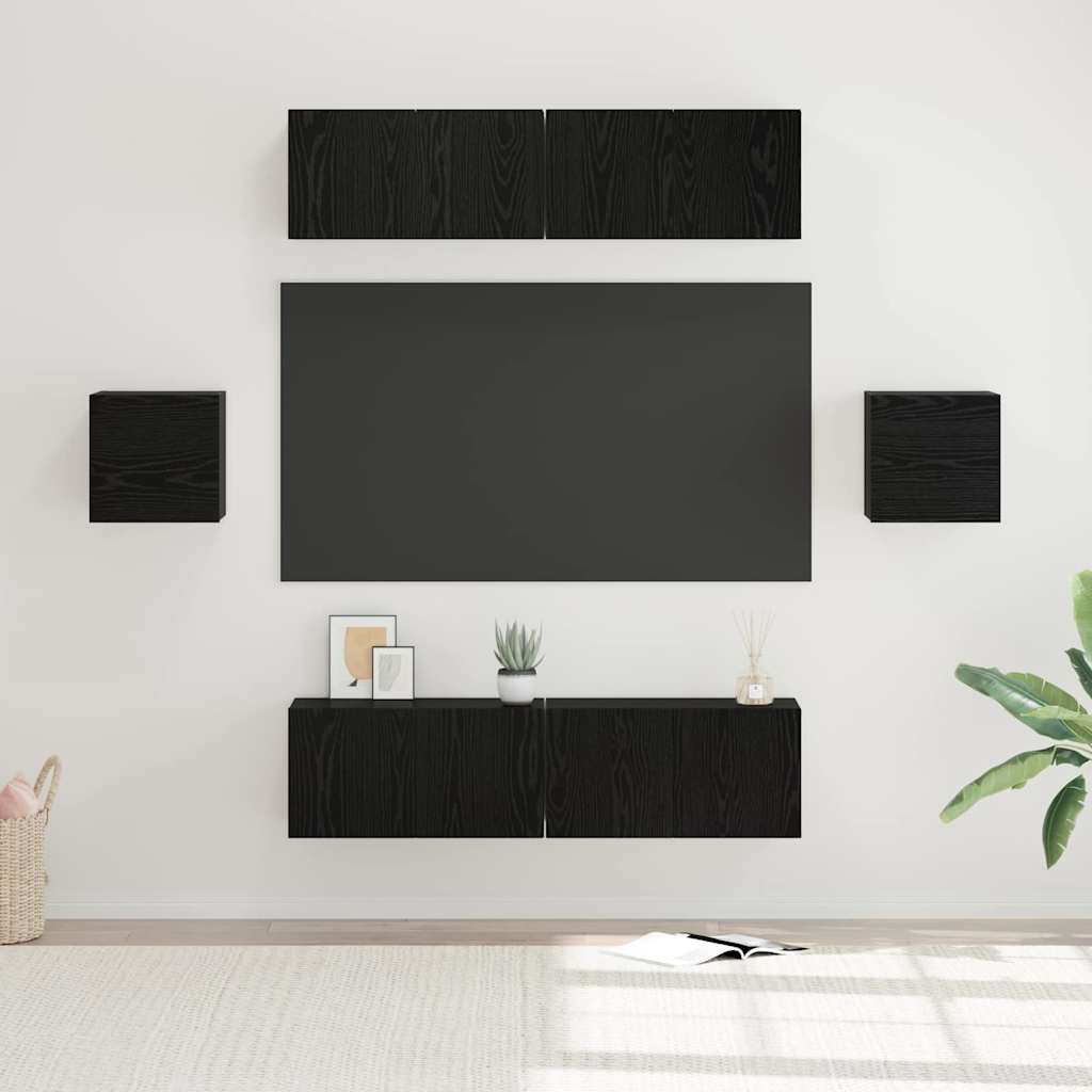 TV Cabinet Set Wall-mounted 6 pcs Black oak Engineered wood