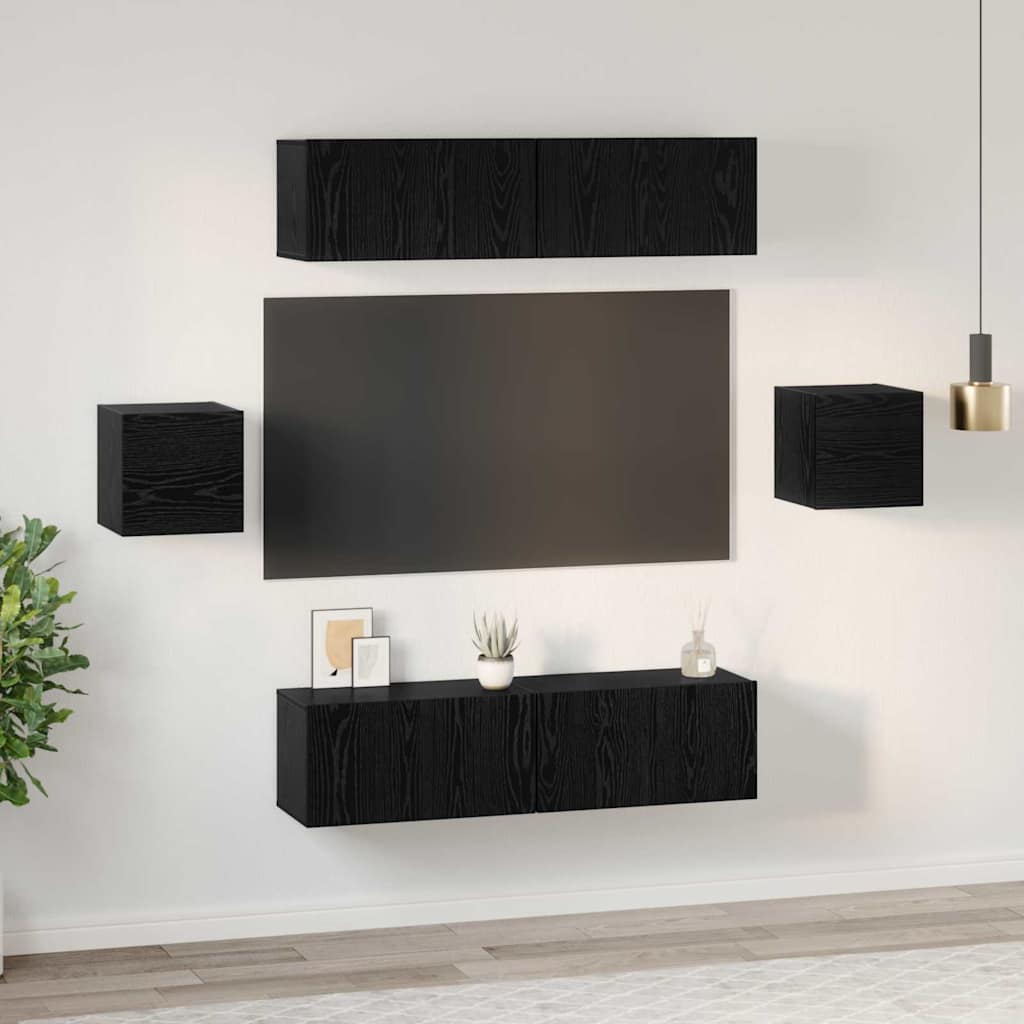 TV Cabinet Set Wall-mounted 6 pcs Black oak Engineered wood