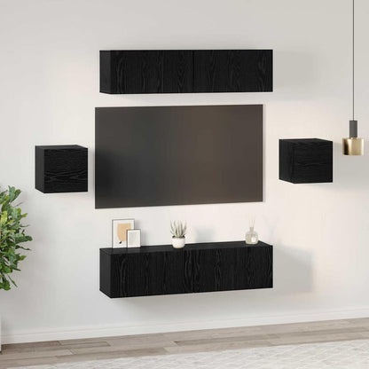 TV Cabinet Set Wall-mounted 6 pcs Black oak Engineered wood