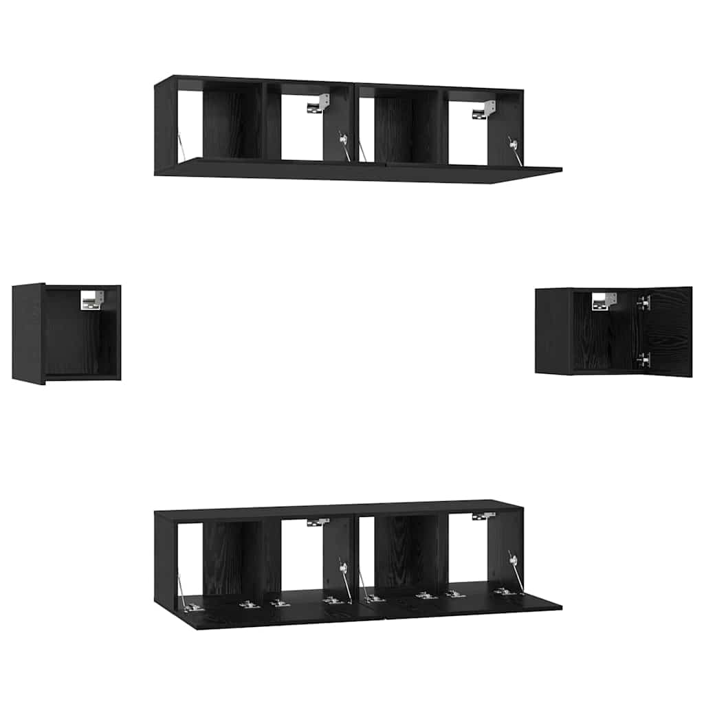TV Cabinet Set Wall-mounted 6 pcs Black oak Engineered wood