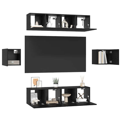 TV Cabinet Set Wall-mounted 6 pcs Black oak Engineered wood