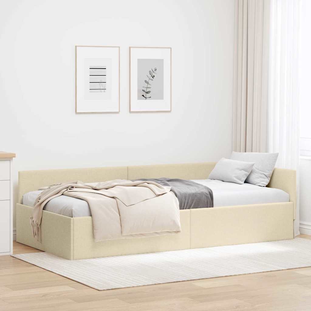 Corner Bed Frame Cream 90 x 190 cm Fabric and Engineered wood