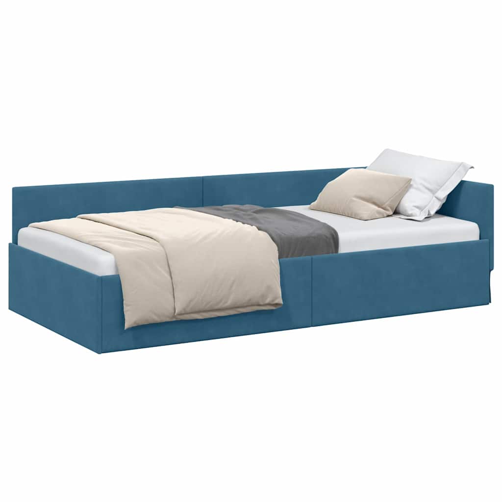 Corner Bed Frame Blue 90 x 190 cm Velvet and Engineered wood