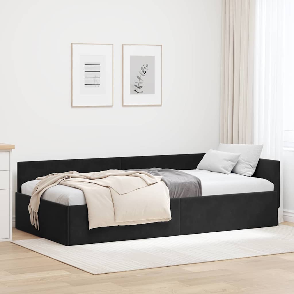 Corner Bed Frame Black 90 x 190 cm Velvet and Engineered wood