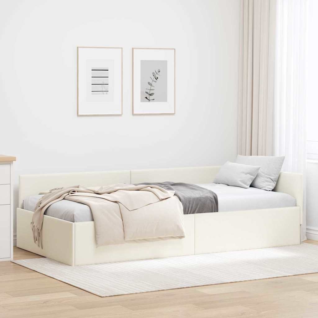 Corner Bed Frame Cream 90 x 200 cm Velvet and Engineered wood