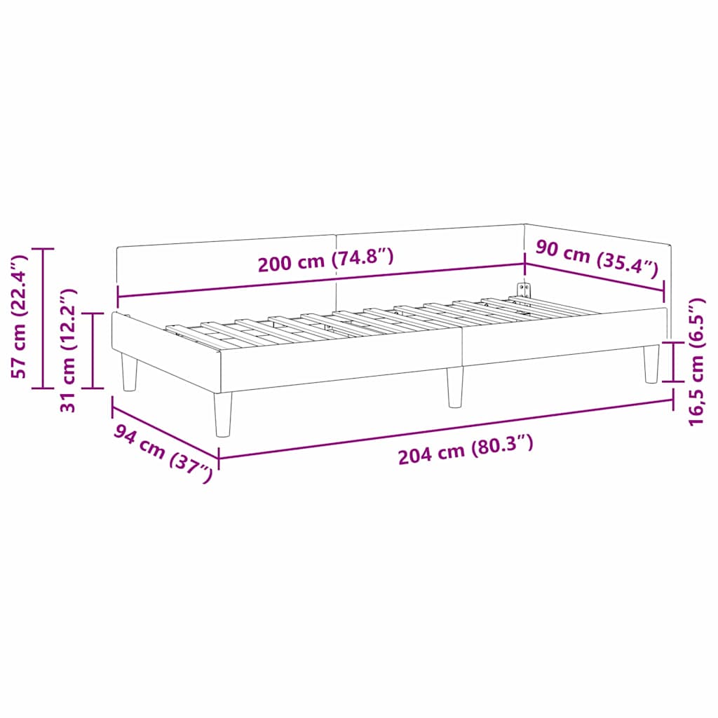 Corner Bed Frame Black 90 x 200 cm Fabric and Engineered wood