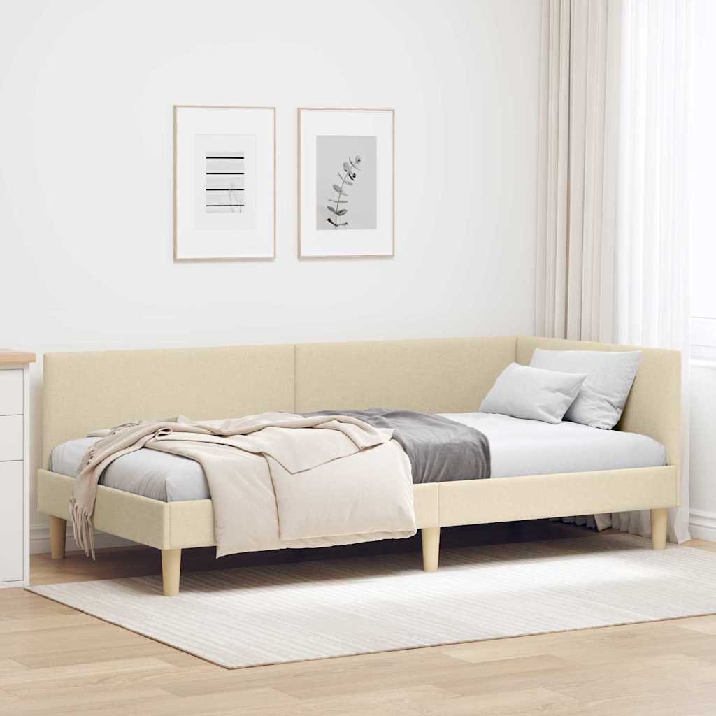Corner Bed Frame Cream 90 x 190 cm Fabric and Engineered wood
