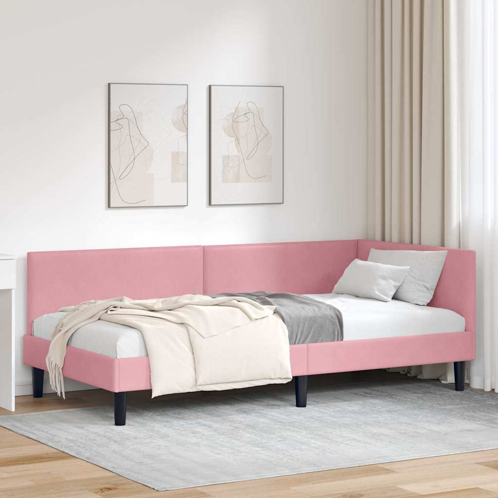 Corner Bed Frame Pink 90 x 190 cm Velvet and Engineered wood