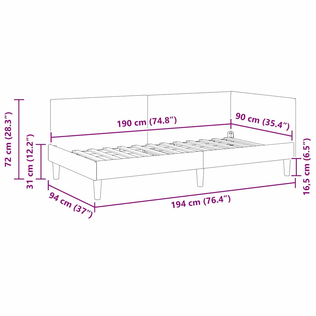 Corner Bed Frame Black 90 x 190 cm Velvet and Engineered wood