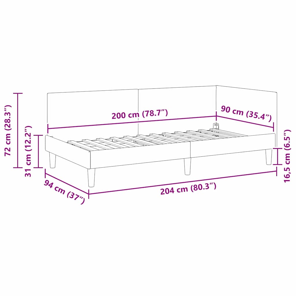 Corner Bed Frame Blue 90 x 200 cm Velvet and Engineered wood