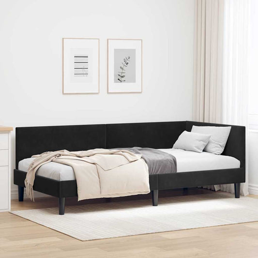 Corner Bed Frame Black 90 x 200 cm Velvet and Engineered wood