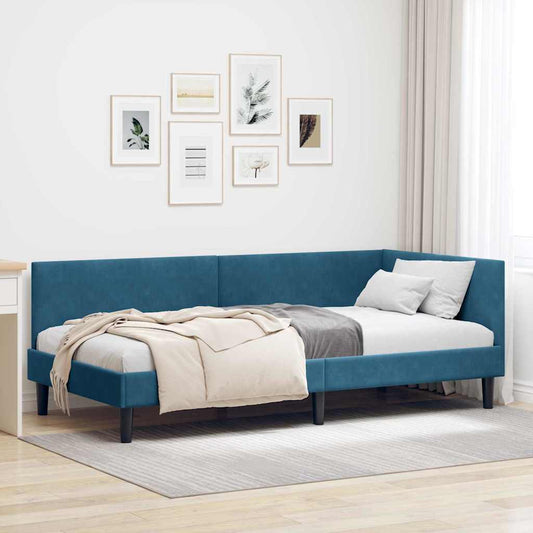 Corner Bed Frame Blue 100 x 200 cm Velvet and Engineered wood