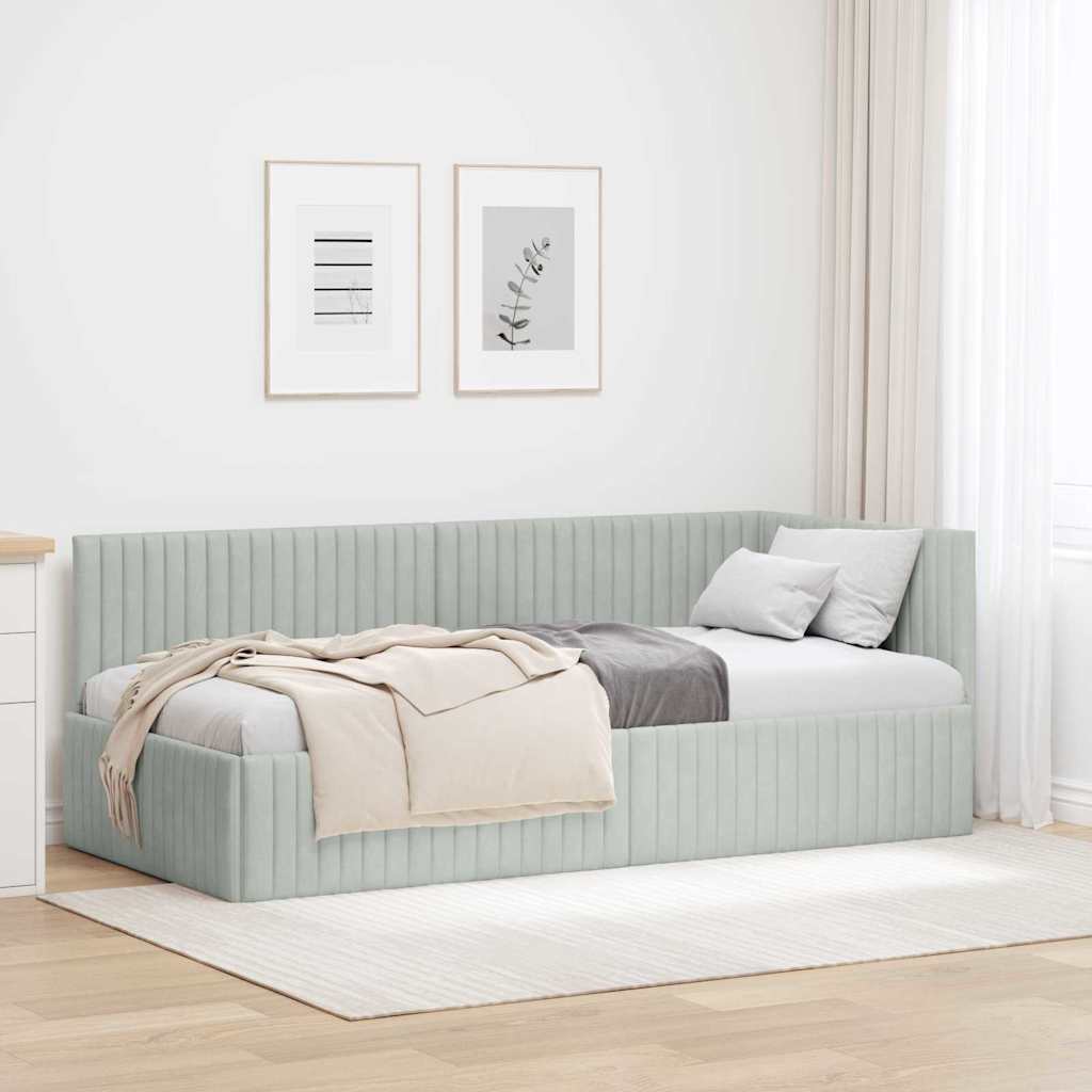 Corner Bed Frame with Headboard Light grey 90 x 190 cm Velvet