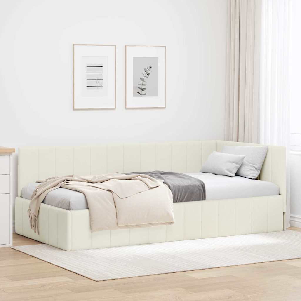 Corner Bed Frame with Headboard Cream 90 x 200 cm Velvet