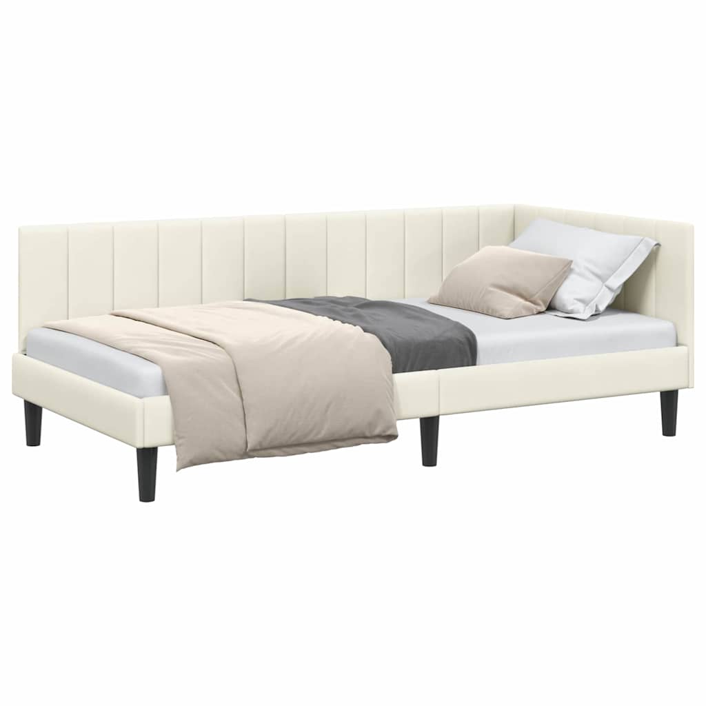 Corner Bed Frame with Headboard Cream 90 x 190 cm Velvet