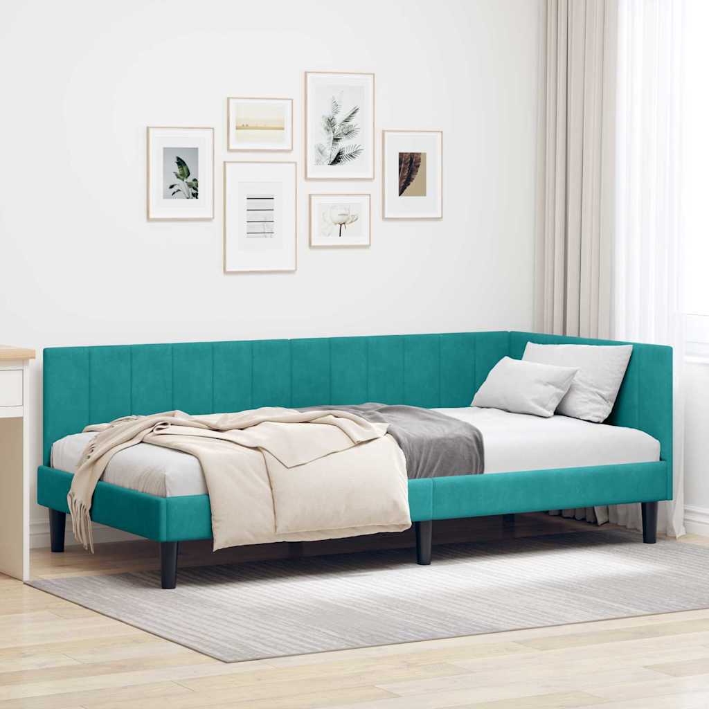 Corner Bed Frame with Headboard Turquoise 90 x 190 cm Velvet