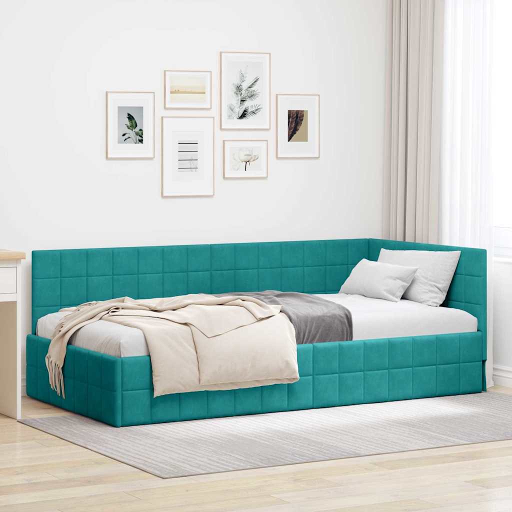 Corner Bed Frame with Headboard Turquoise 90 x 200 cm Velvet