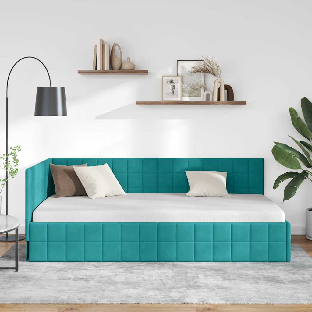 Corner Bed Frame with Headboard Turquoise 90 x 200 cm Velvet