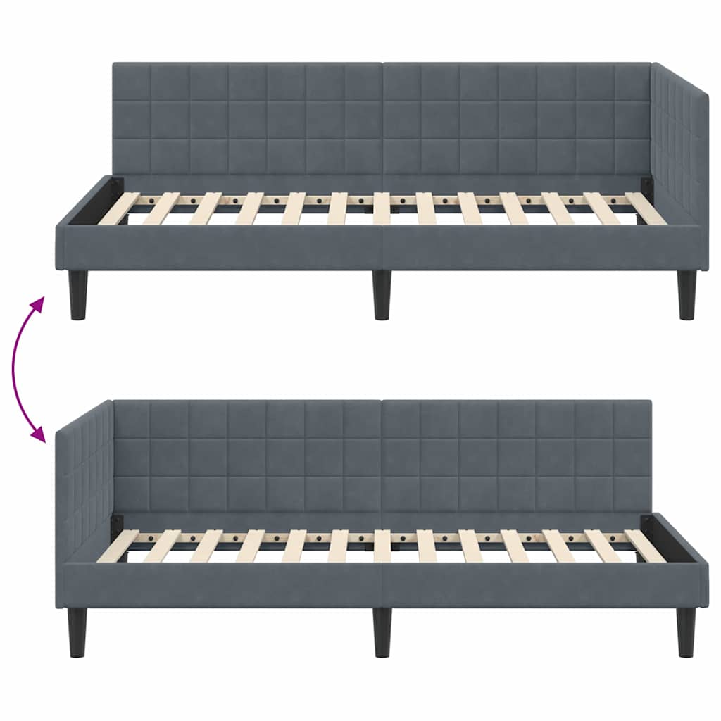 Corner Bed Frame with Headboard Dark grey 90 x 190 cm Velvet