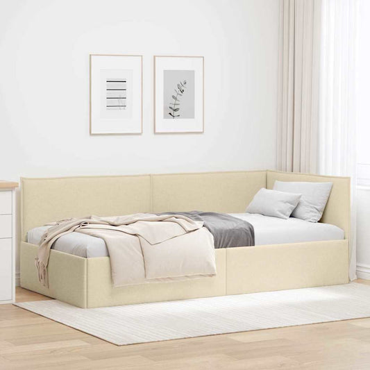 Corner Bed Frame with Headboard Cream 90 x 200 cm Fabric