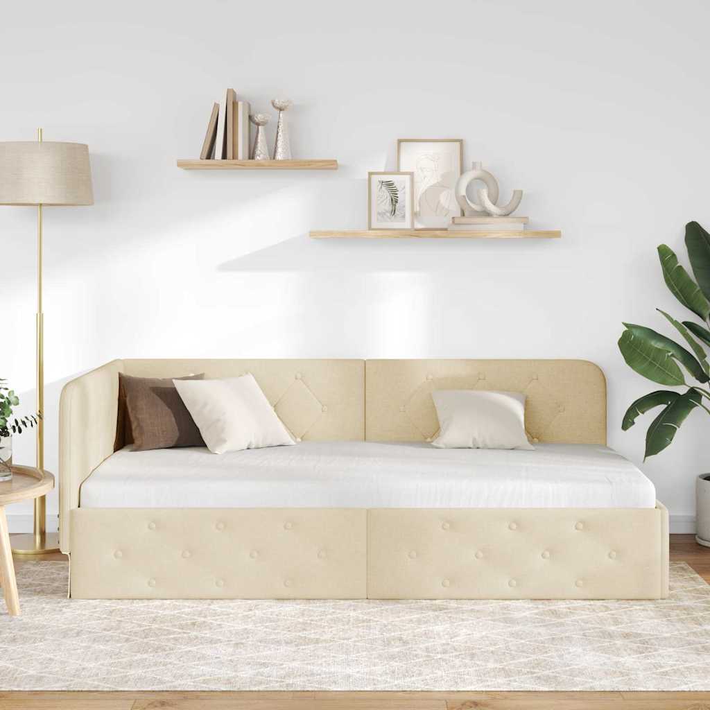 Corner Bed Frame with Headboard Cream 90 x 200 cm Fabric