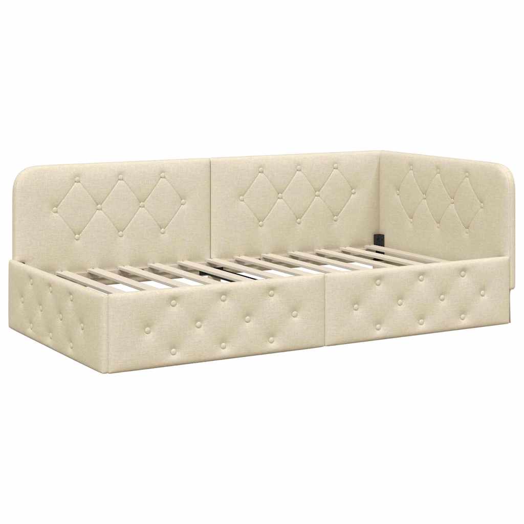 Corner Bed Frame with Headboard Cream 90 x 200 cm Fabric