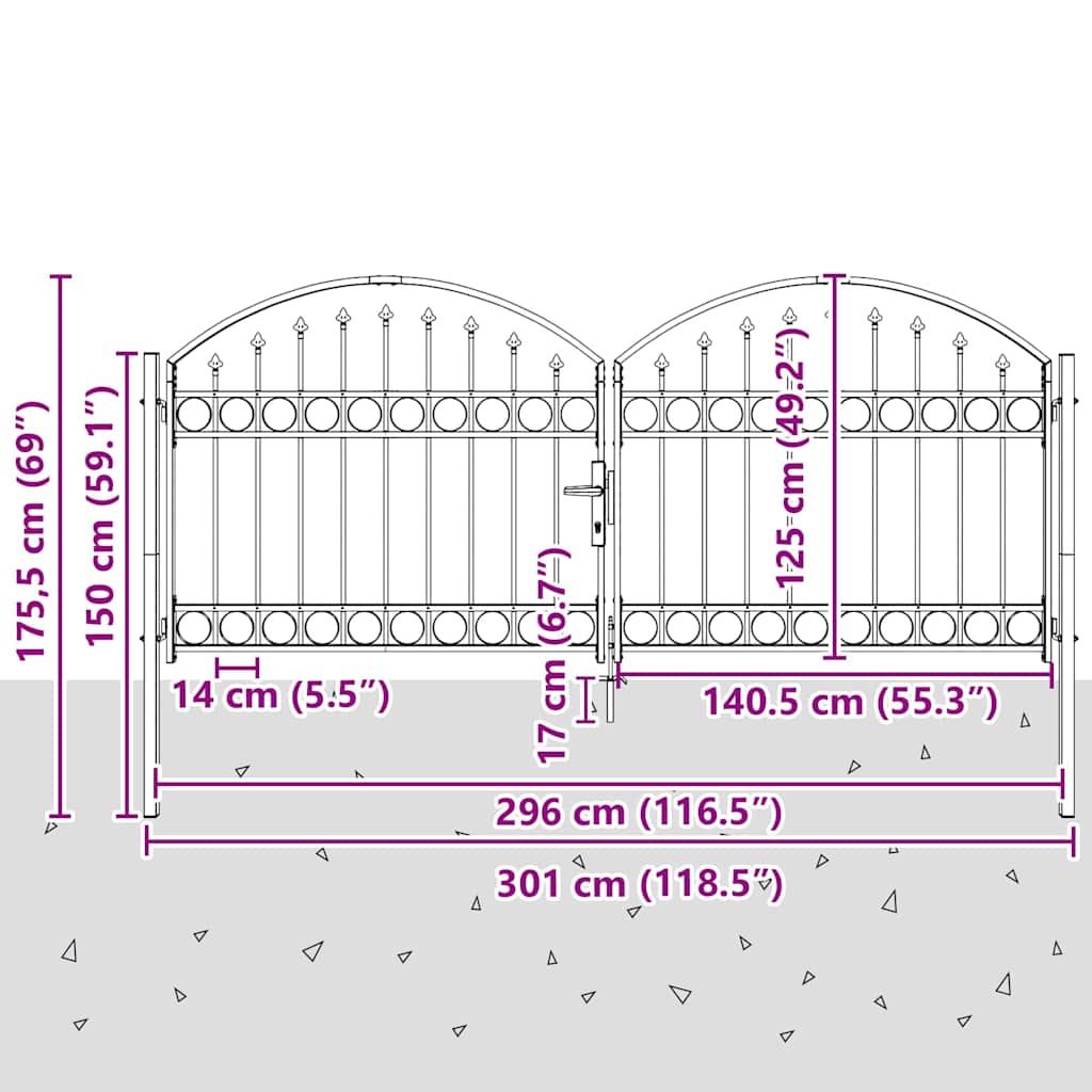 Fence gate with Lock Grey 300 x 125 cm Steel