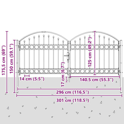 Fence gate with Lock Grey 300 x 125 cm Steel